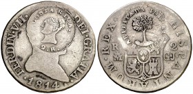 1814. Fernando VII. Madrid. GJ. 2 reales. (Kr. falta). 5,48 g. Resellos de Costa Rica (De Mey 473 y 474) realizados en 1845. Rara. MBC-.