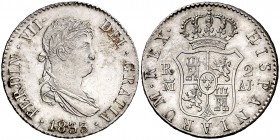 1833. Fernando VII. Madrid. AJ. 2 reales. (Cal. 936). 5,90 g. Bella. Rara así. S/C-.