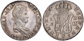 1820. Fernando VII. Sevilla. CJ. 2 reales. (Cal. 1026). 5,93 g. Precioso color. Bella. Ex Áureo & Calicó 07/11/2007, nº 1345. Rara así. S/C-.