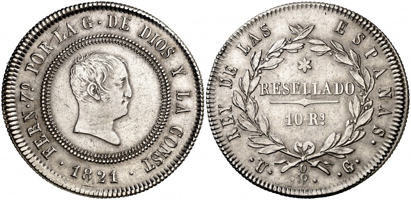 1821. Fernando VII. Bilbao. UG. 10 reales. (Cal. 702). 13,67 g. Tipo "cabezón". ...
