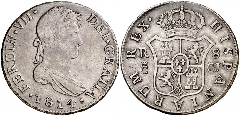 1814. Fernando VII. Cádiz. CJ. 8 reales. (Cal. 376). 26,22 g. Pátina. Escasa. MB...