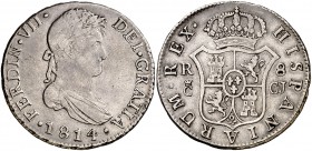 1814. Fernando VII. Cádiz. CJ. 8 reales. (Cal. 376). 26,22 g. Pátina. Escasa. MBC.