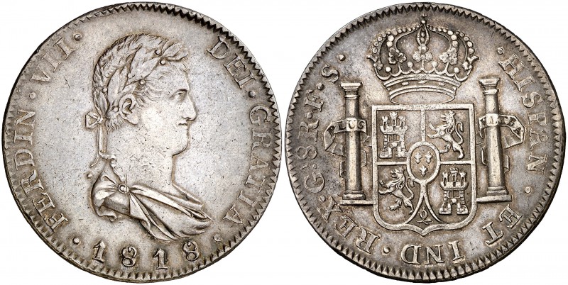 1818. Fernando VII. Guadalajara. FS. 8 reales. (Cal. 440). 26,82 g. Parte de bri...