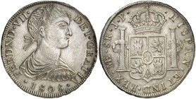 1808. Fernando VII. Lima. JP. 8 reales. (Cal. 472). 26,82 g. Busto indígena. Cabeza grande. FERDND. Leves golpecitos. Bella. Ex Colección Isabel de Tr...