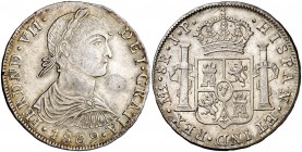 1809. Fernando VII. Lima. JP. 8 reales. (Cal. falta) (Kr. falta) (Calbetó 405, pero no reseña el tipo especial de busto) 26,61 g. Segundo busto indíge...