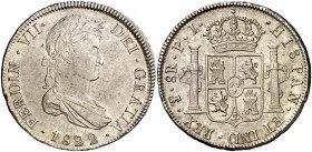 1822. Fernando VII. Potosí. PJ. 8 reales. (Cal. 611). 26,91 g. Bella. Brillo original. Ex Áureo & Calicó 20/10/2016, nº 1708. Escasa así. EBC+.