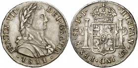 1811. Fernando VII. Santiago. FJ. 8 reales. (Cal. 626). 27,06 g. Busto almirante laureado. Casaca con botones. Bonito color. Ex Áureo & Calicó 16/12/2...