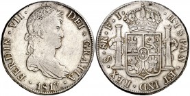 1817. Fernando VII. Santiago. FJ. 8 reales. (Cal. 633). 26,82 g. Último año de acuñación de la Casa de Moneda de Santiago. Mínima hojita en reverso. R...