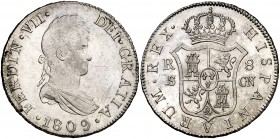1809. Fernando VII. Sevilla. CN. 8 reales. (Cal. 636). 27,10 g. Busto diademado. Leves sombras. Parte de brillo original. Muy rara y más así. EBC.
