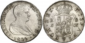 1809. Fernando VII. Sevilla. CN. 8 reales. (Cal. 635). 26,79 g. Busto desnudo. Muy bella. Ex Colección Mariana Pineda, Áureo 16/11/2005, nº 559. Ex Áu...