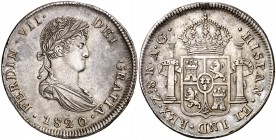 1820. Fernando VII. Zacatecas. AG. 8 reales. (Cal. 695). 27 g. Leves golpecitos. Bella. Parte de brillo original. Escasa así. EBC.