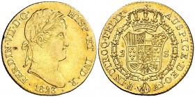 1823. Fernando VII. Madrid. AJ. 2 escudos. (Cal. 220). 6,71 g. Leves marquitas. Parte de brillo original. La fecha más rara del tipo laureado. MBC+/EB...