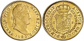 1820. Fernando VII. Sevilla. CJ. 2 escudos. (Cal. 262). 6,76 g. Atractiva. Parte de brillo original. Ex Áureo & Calicó 25/04/2013, nº 1696. Escasa. EB...