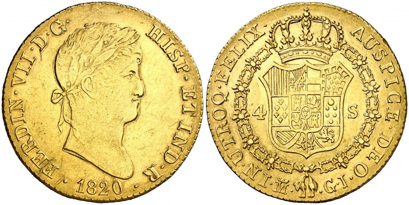 1820. Fernando VII. Madrid. GJ. 4 escudos. (Cal. 150). 13,56 g. Leves rayitas. B...