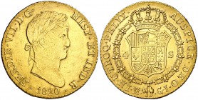 1820. Fernando VII. Madrid. GJ. 4 escudos. (Cal. 150). 13,56 g. Leves rayitas. Bonito color. Ex Áureo 01/07/2004, nº 502. MBC+/EBC-.