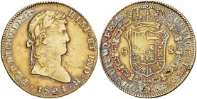 1821. Fernando VII. Guadalajara. FS. 8 escudos. (Cal. 7) (Cal.Onza 1204). 26,62 g. Busto propio. Precioso color. Ex Colección Mariana Pineda, Áureo 16...