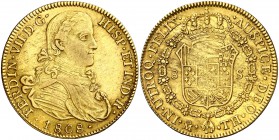 1808. Fernando VII. México. TH. 8 escudos. (Cal. 43) (Cal.Onza 1251). 27 g. Busto imaginario. Impurezas en reverso. Escasa. MBC+.