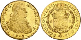 1810. Fernando VII. México. HJ. 8 escudos. (Cal. 45) (Cal.Onza 1254). 27,03 g. Busto imaginario. Golpecito en canto. Parte de brillo original. Escasa....