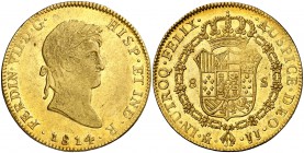 1814. Fernando VII. México. JJ. 8 escudos. (Cal. 51) (Cal.Onza 1261). 26,99 g. Primer año de busto propio. Acuñación algo floja. Gran parte de brillo ...