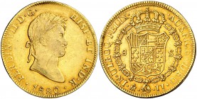 1820. Fernando VII. México. JJ. 8 escudos. (Cal. 61) (Cal.Onza 1271). 26,95 g Golpecitos en canto. Precioso color. MBC+.