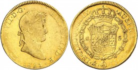 1821. Fernando VII. México. JJ. 8 escudos. (Cal. 62) (Cal.Onza 1272). 26,96 g. Acuñación algo floja en pequeña zona. Escasa. (MBC+).