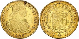 1809. Fernando VII. Popayán. JF. 8 escudos. (Cal. 65) (Cal.Onza 1275) (Restrepo 128-3). 27,02 g. Precioso color. MBC+/EBC-.