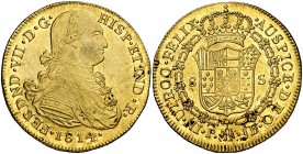 1814. Fernando VII. Popayán. JF. 8 escudos. (Cal. 74) (Cal.Onza 1288) (Restrepo 128-13). 26,95 g. Leves rayitas. Parte de brillo original. EBC-.