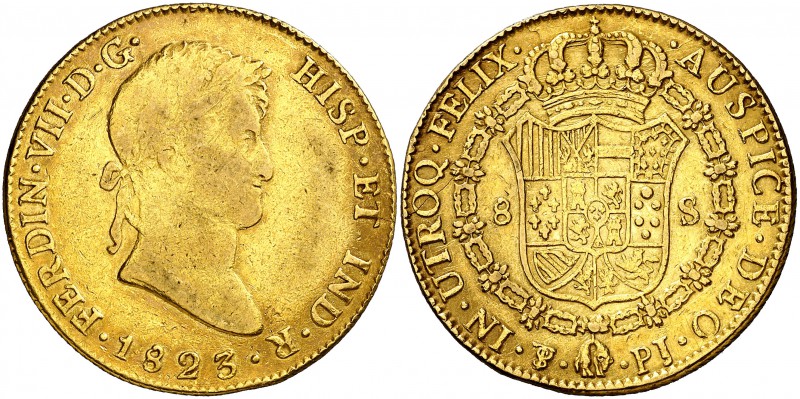 1823. Fernando VII. Potosí. PJ. 8 escudos. (Cal. 89) (Cal.Onza 1307). 26,71 g. E...