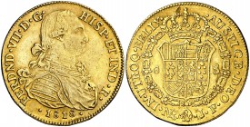1818. Fernando VII. Santa Fe de Nuevo Reino. JF. 8 escudos. (Cal. 109) (Cal.Onza 1336) (Restrepo 127-28). 26,99 g. Dos golpes en canto. (MBC+).