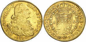 1820. Fernando VII. Santa Fe de Nuevo Reino. JF. 8 escudos. (Cal. 111) (Cal.Onza 1340) (Restrepo 127-34). 26,84 g. Leves hojitas. Bonito color. MBC.