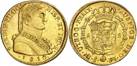 1810. Fernando VII. Santiago. FJ. 8 escudos. (Cal. 114) (Cal.Onza 1346). 26,98 g. Busto almirante. Leves rayitas. Hojita. Parte de brillo original. Es...