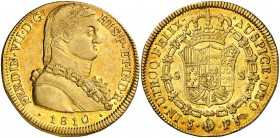 1810. Fernando VII. Santiago. FJ. 8 escudos. (Cal. 115) (Cal.Onza 1347). 26,94 g. Busto almirante. Ceca invertida. Punto entre ET e IND y sin punto en...