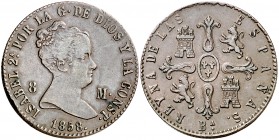 1858. Isabel II. Barcelona. 8 maravedís. (Cal. 471). 10,21 g. Escasa. MBC-/MBC.