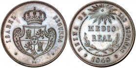 1848. Isabel II. DG (Departamento de Grabado). 1/2 real. (Cal. 570). 19,32 g. Prueba en cobre no adoptada. Es la primera de las dos Pruebas para la mo...