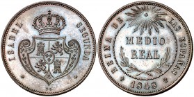 1848. Isabel II. DG (Departamento de Grabado). 1/2 real. (Cal. 570). 19,32 g. Prueba en cobre no adoptada. Es la primera de las dos Pruebas para la mo...