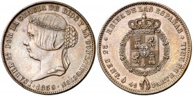 1859. Isabel II. 25 céntimos o 1/4 parte de real. 7,94 g. Prueba no adoptada en bronce de Fernández Pescador. Bella. Rara. EBC.