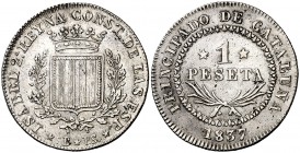 1837. Isabell II. Barcelona. PS. 1 peseta. (Cal. 258). 5,82 g. Ensayador con puntos. Leves impurezas. Escasa así. EBC-.