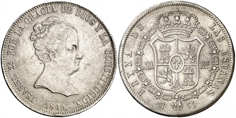1849. Isabel II. Madrid. CL. 20 reales. (Cal. 167). 26 g. Golpecitos. Buen ejemp...