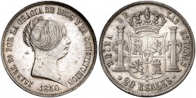 1850. Isabel II. Madrid. 20 reales. (Cal. 171). 26,15 g. Leves marquitas. Parte de brillo original. Escasa así. EBC-/EBC.