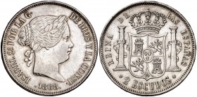 1868*1868. Isabel II. Madrid. 2 escudos. (Cal. 205). 25,75 g. Leves golpecitos. Bonita pátina. MBC+/EBC-.