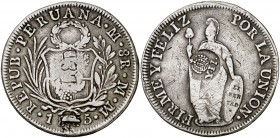 Isabel II. Resello YII bajo corona, en reverso, sobre 8 reales de Perú, Lima MM de 1835. (Kr. 138.2). 25,95 g. Graffiti LED y soldadura en anverso. Ex...