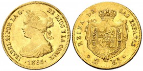 1865. Isabel II. Madrid. 2 escudos. (Cal. 122). 1,70 g. Escasa. MBC.