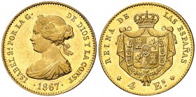1867. Isabel II. Madrid. 4 escudos. (Cal. 111). 3,36 g. Bella. Brillo original. Escasa así. S/C-.