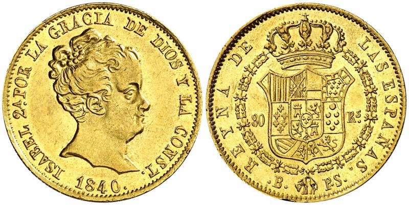 1840. Isabel II. Barcelona. PS. 80 reales. (Cal. 56). 6,76 g. Golpe en canto. Pa...