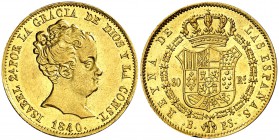 1840. Isabel II. Barcelona. PS. 80 reales. (Cal. 56). 6,76 g. Golpe en canto. Parte de brillo original. EBC-/EBC.