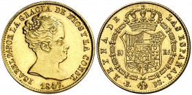 1847. Isabel II. Barcelona. PS. 80 reales. (Cal. 65). 6,75 g. Limpiada. EBC-/EBC.