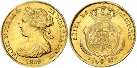 1859. Isabel II. Barcelona. 100 reales. (Cal. 12). 8,37 g. Golpecitos. Escasa. EBC-.
