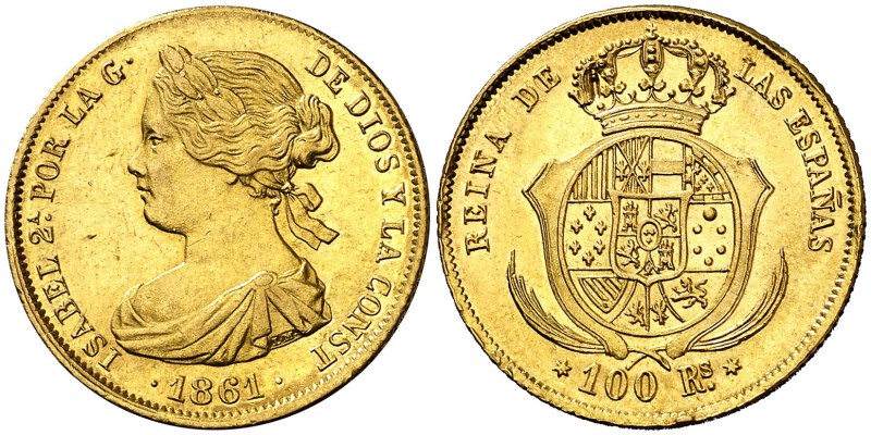 1861. Isabel II. Madrid. 100 reales. (Cal. 26). 8,41 g. Leves marquitas. Parte d...