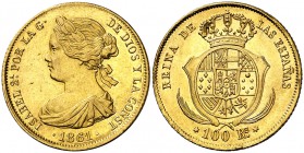 1861. Isabel II. Madrid. 100 reales. (Cal. 26). 8,41 g. Leves marquitas. Parte de brillo original. EBC-/EBC.