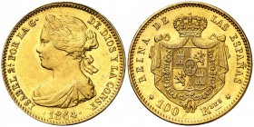 1864. Isabel II. Madrid. 100 reales. (Cal. 29). 8,35 g. Bella. Parte de brillo original. Ex Áureo 28/04/2004, nº 819. EBC+/S/C-.